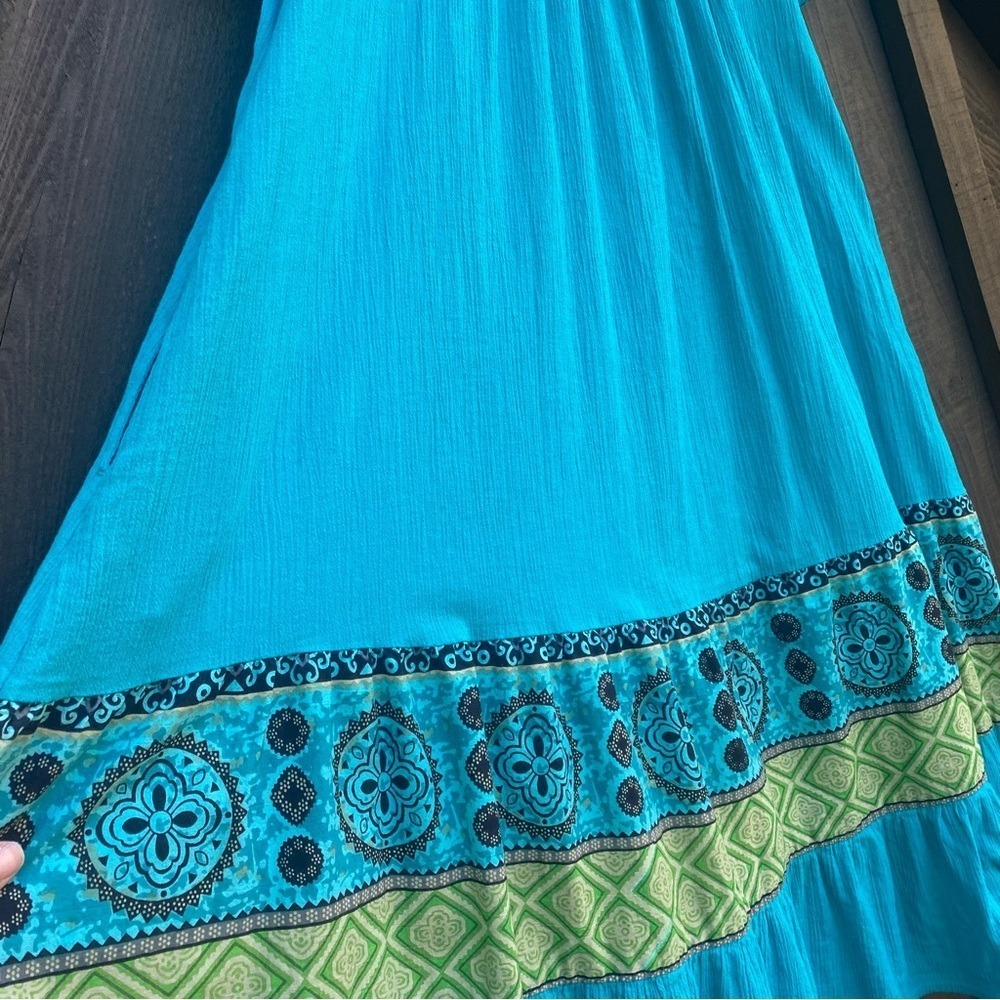 Vintage Dress S Turquoise/Blue 100% Cotton Flowy Boho Midi Short Sleeve S - Picture 9 of 13